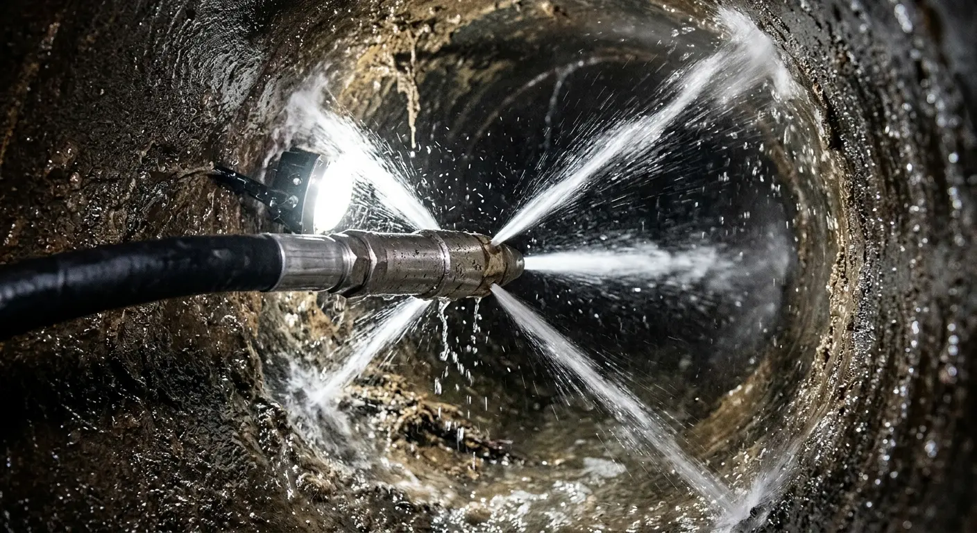 High-pressure hydro jetting nozzle cleaning sewer pipe for Trenchless Sewer Repair in Perris