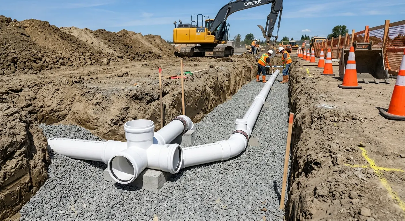 New PVC sewer pipe installation in open trench for Commercial Drain Cleaning in Perris
