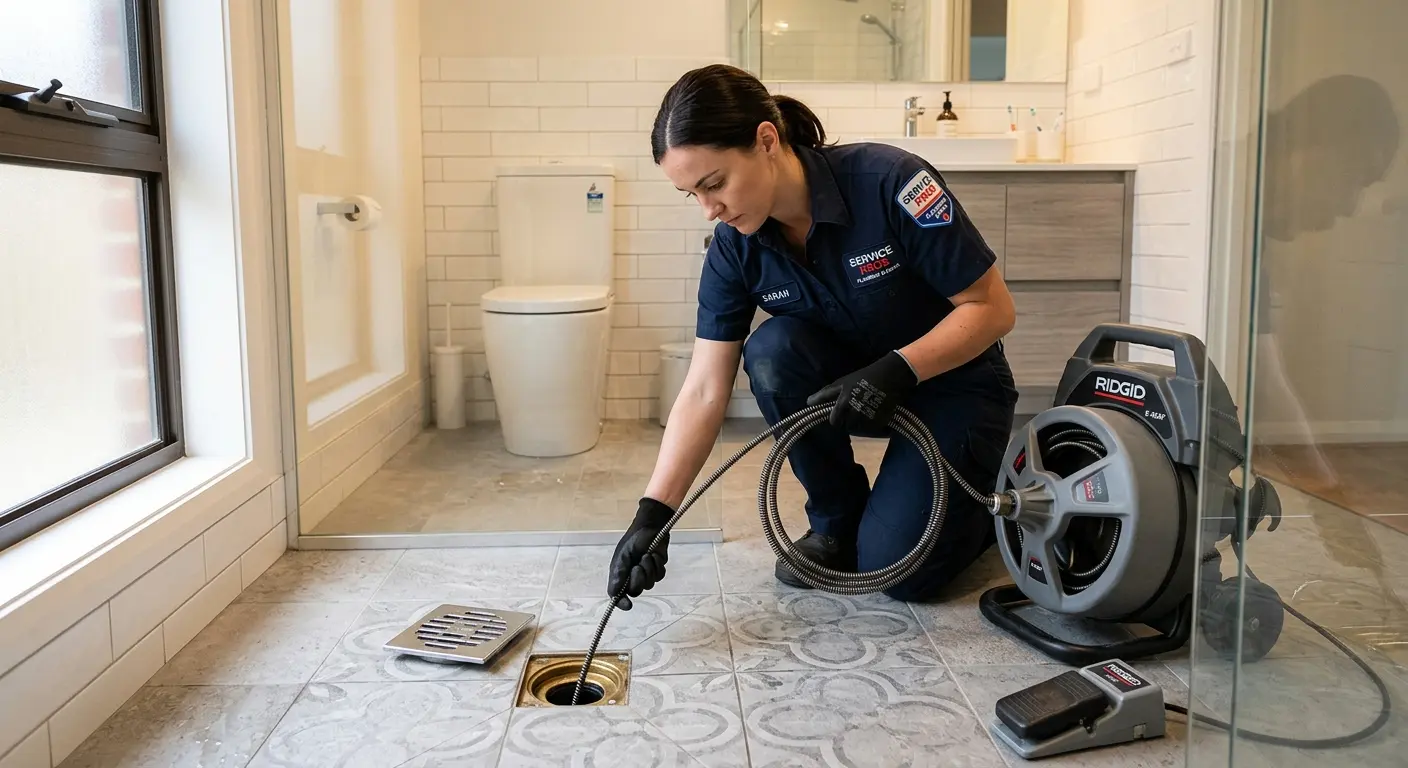 Technician clearing a bathroom floor drain for Clogged Drain Repair in Perris